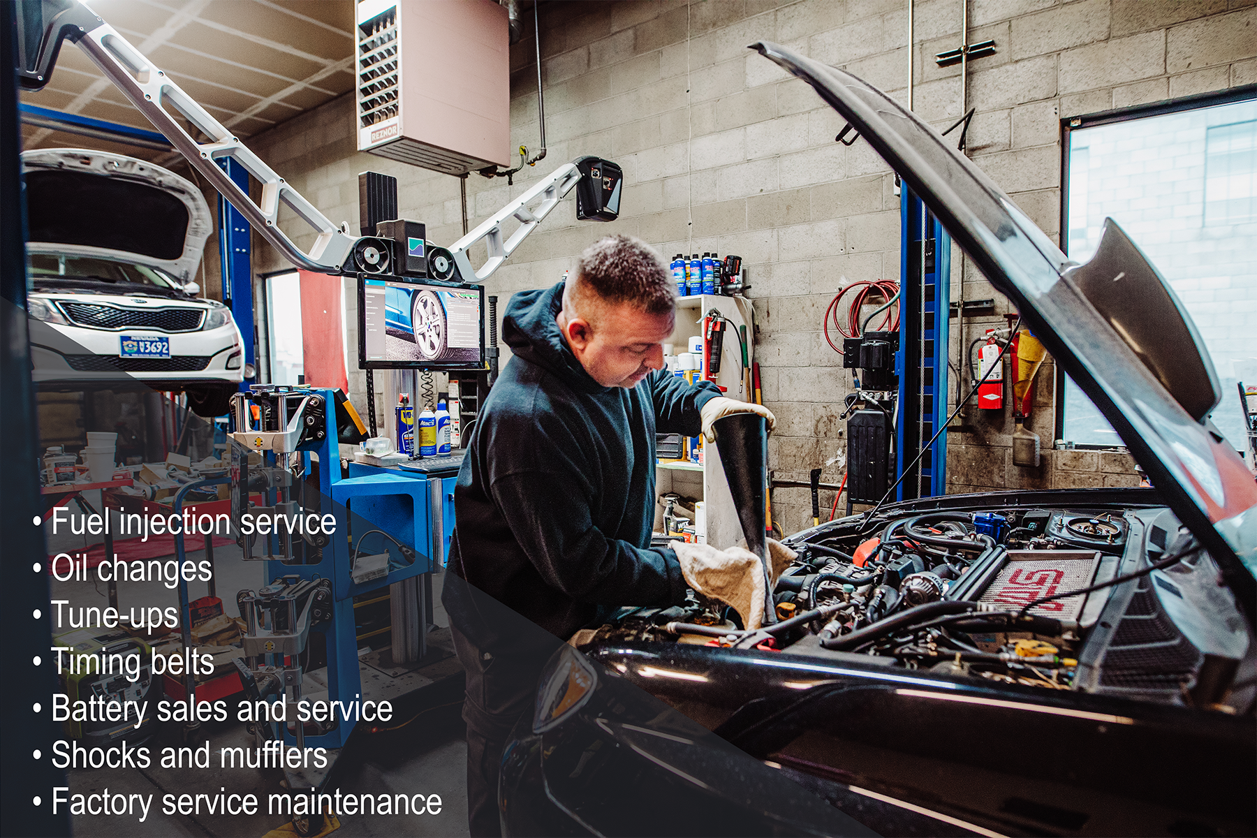 • Fuel injection service  • Oil changes  • Tune-ups  • Timing belts  • Battery sales and service  • Shocks and mufflers  • Factory service maintenance